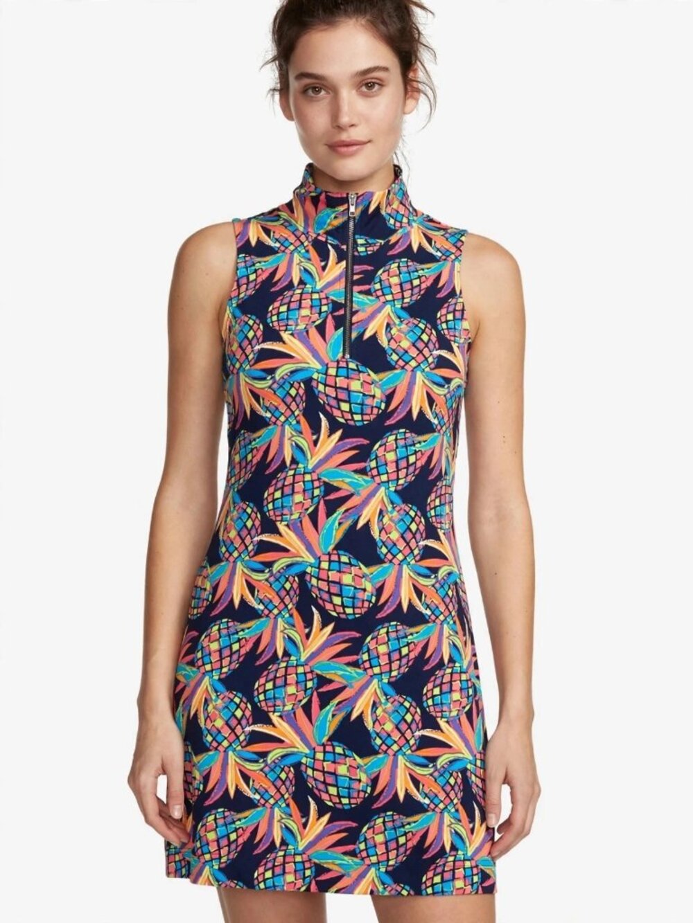 Lulu B Neon Pineapple Print Dress Sz S Small Sleeveless Mock Neck Zip